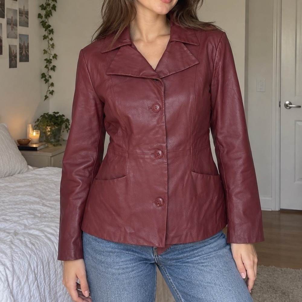 Y2k Burgundy Red Genuine Leather Jacket Blazer Petite Large Tie Waist Vintage